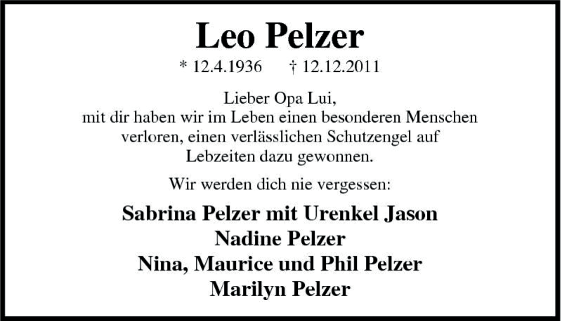 Traueranzeigen Von Leo Pelzer Trauer In Nrw De