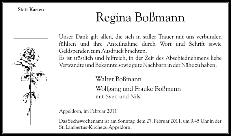 Traueranzeigen Von Regina Bo Mann Trauer In Nrw De