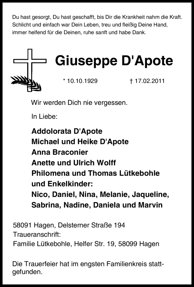 Traueranzeigen Von Giuseppe D Apote Trauer In NRW De