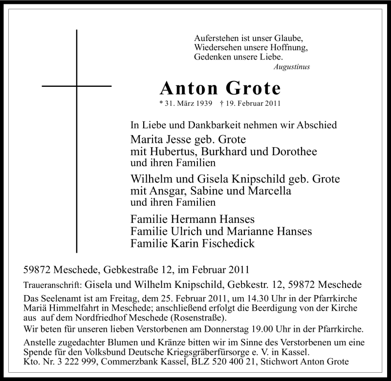 Traueranzeigen Von Anton Grote Trauer In Nrw De