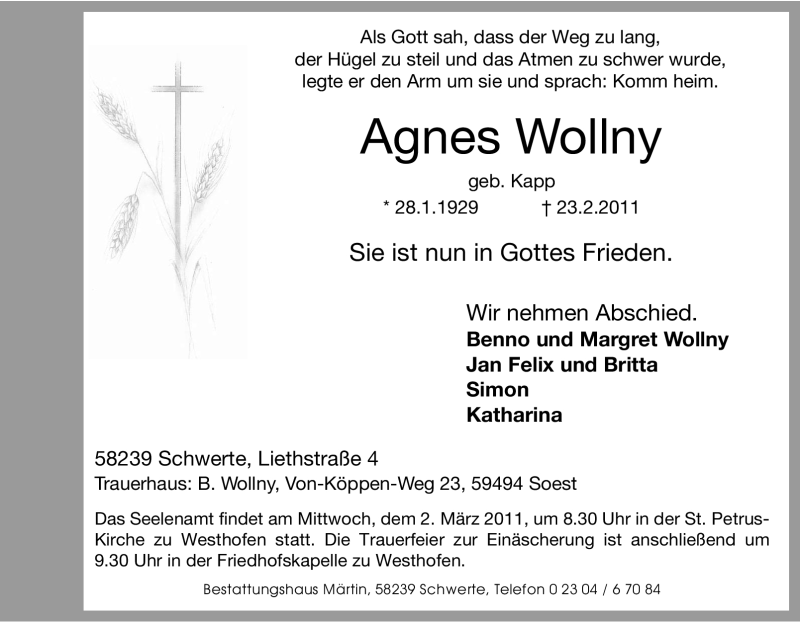 Traueranzeigen Von Agnes Wollny Trauer In Nrw De