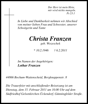 Traueranzeigen Von Christa Franzen Trauer In Nrw De