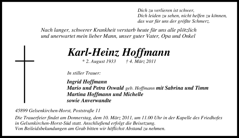 Traueranzeigen Von Karl Heinz Hoffmann Trauer In NRW De