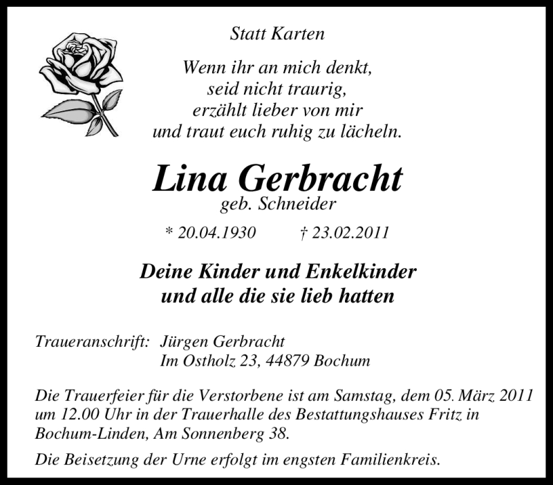 Traueranzeigen Von Lina Gerbracht Trauer In Nrw De