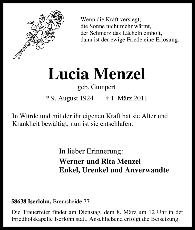 Traueranzeigen Von Lucia Menzel Trauer In NRW De