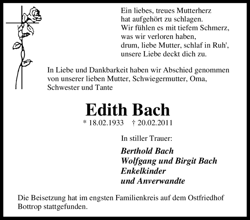 Traueranzeigen Von Edith Bach Trauer In Nrw De