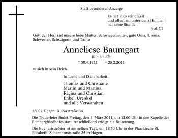 Traueranzeigen Von Anneliese Baumgart Trauer In Nrw De