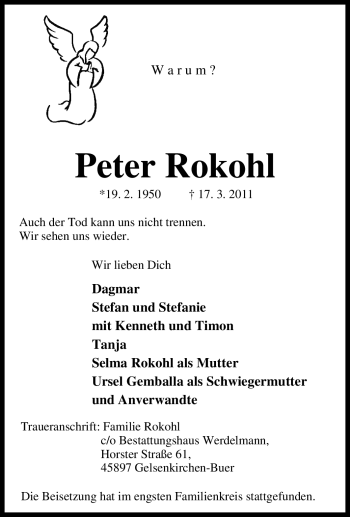 Traueranzeigen Von Peter Rokohl Trauer In Nrw De