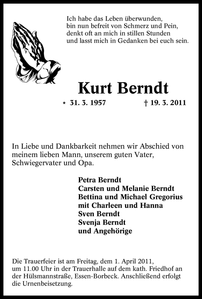 Traueranzeigen Von Kurt Berndt Trauer In NRW De