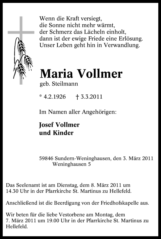 Traueranzeigen Von Maria Vollmer Trauer In NRW De