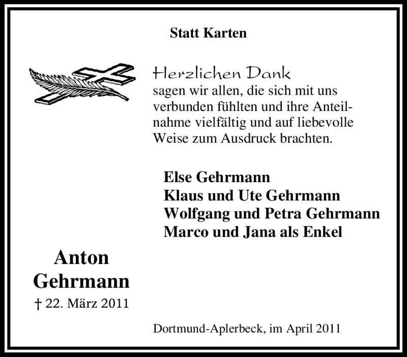 Traueranzeigen Von Anton Gehrmann Trauer In Nrw De