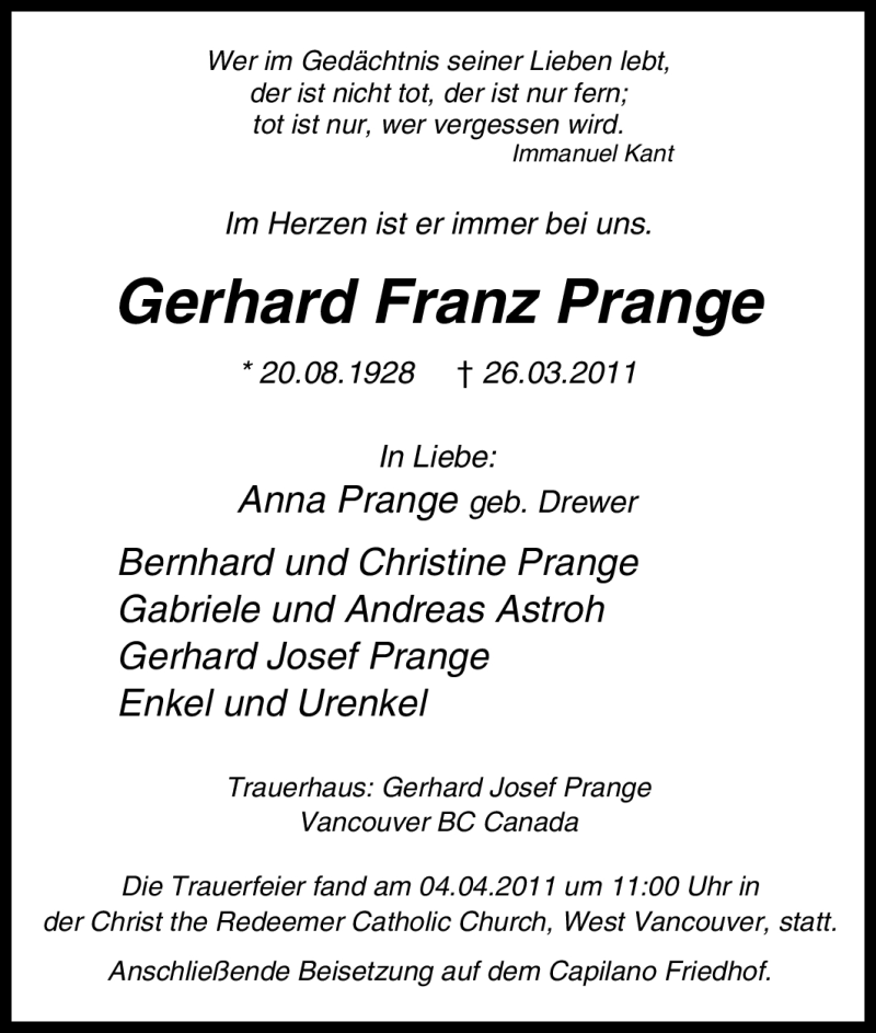 Traueranzeigen Von Gerhard Franz Prange Trauer In NRW De