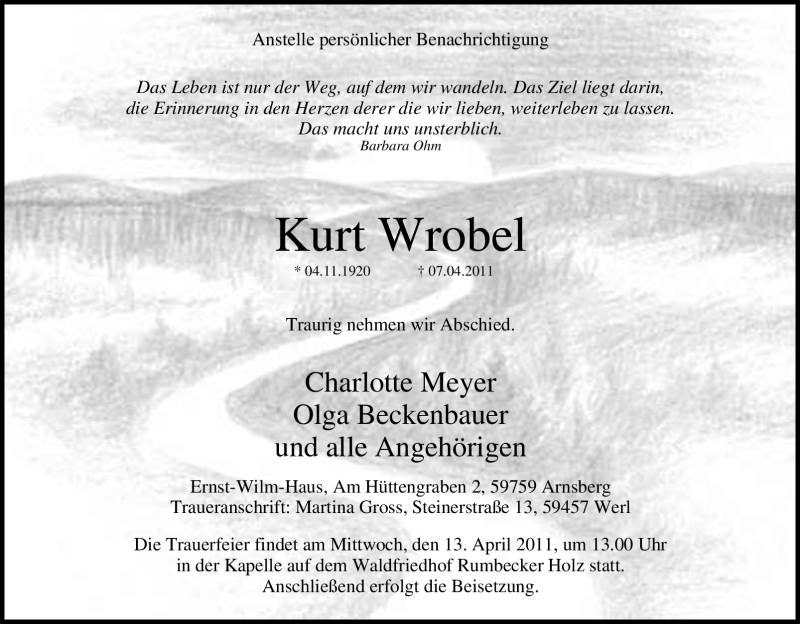 Traueranzeigen Von Kurt Wrobel Trauer In Nrw De