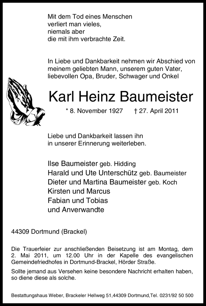 Traueranzeigen Von Karl Heinz Baumeister Trauer In NRW De