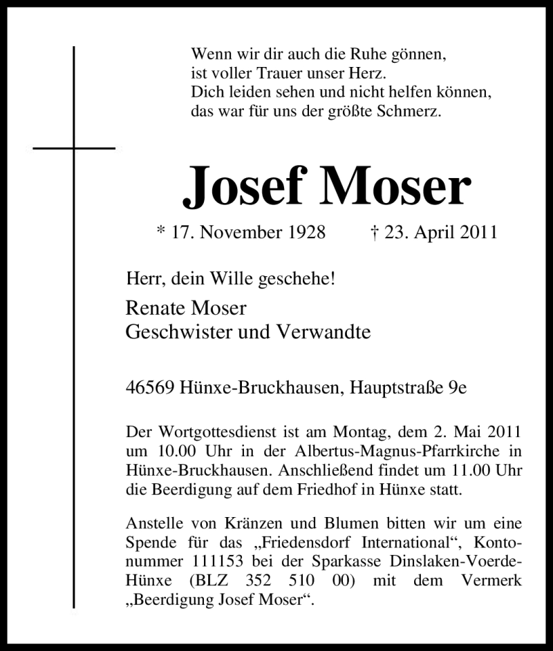 Traueranzeigen Von Josef Moser Trauer In Nrw De