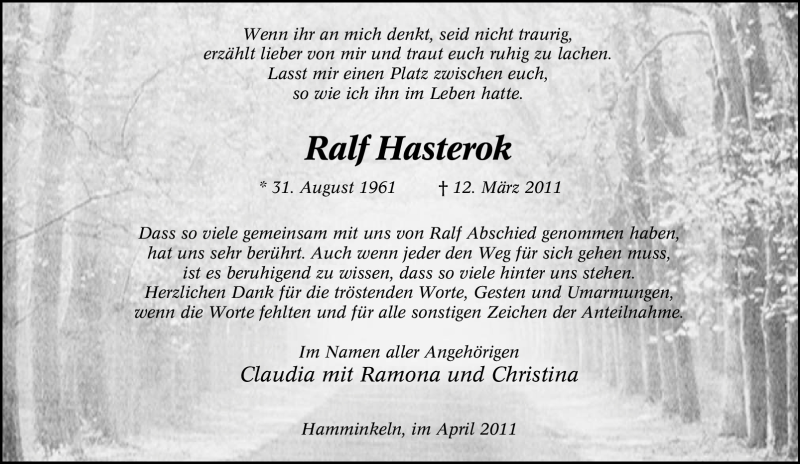 Traueranzeigen Von Ralf Hasterok Trauer In Nrw De