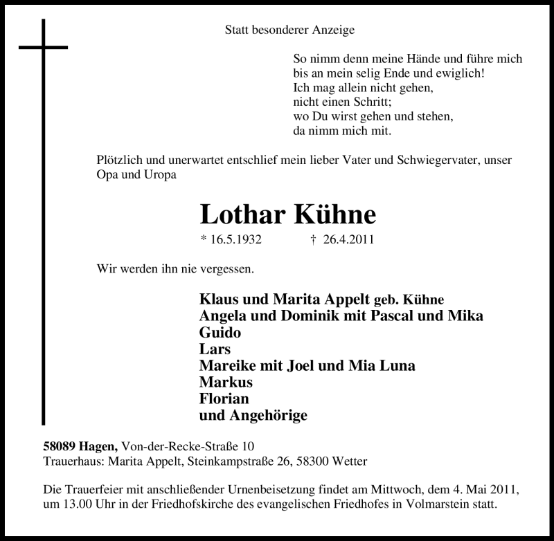 Traueranzeigen von Lothar Kühne Trauer in NRW de