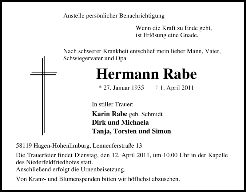 Traueranzeigen Von Hermann Rabe Trauer In NRW De