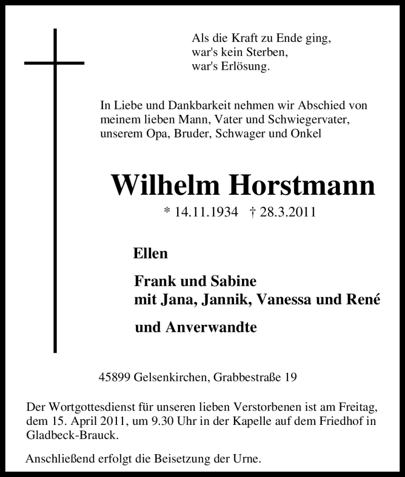 Traueranzeigen Von Wilhelm Horstmann Trauer In Nrw De