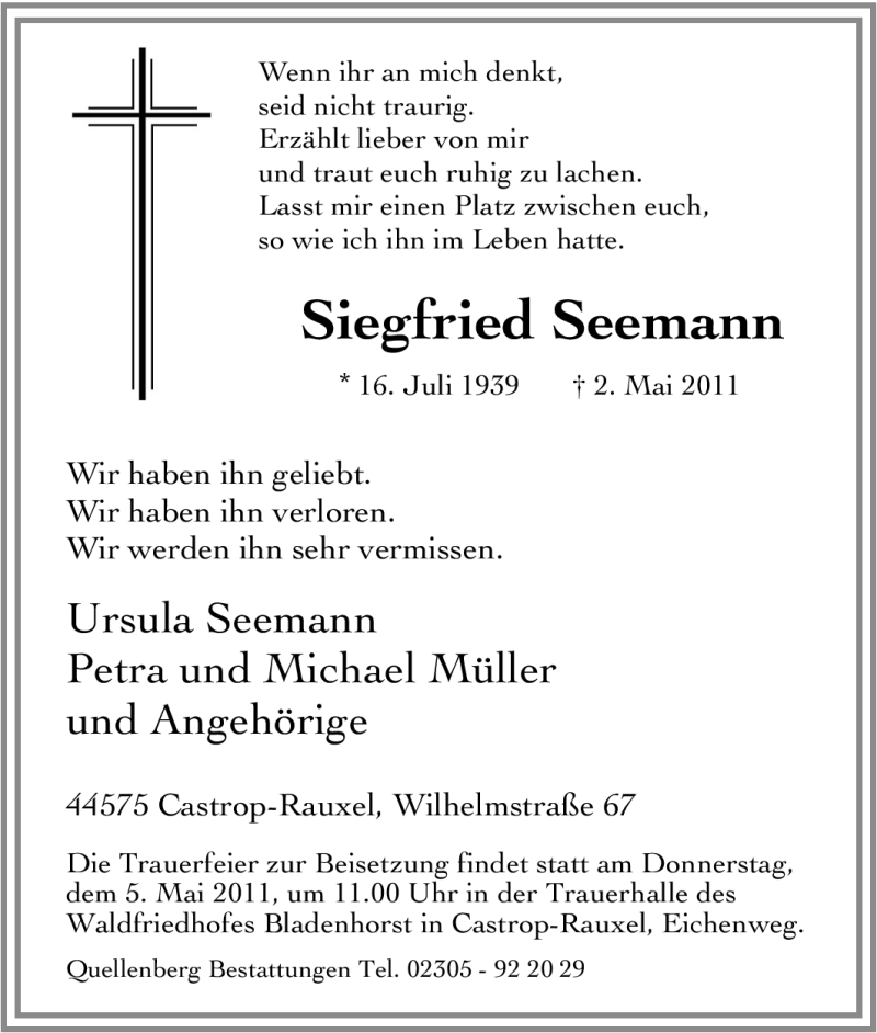 Traueranzeigen Von Siegfried Seemann Trauer In Nrw De