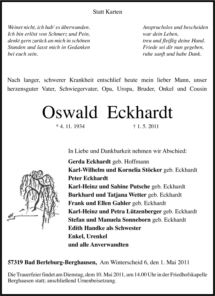 Traueranzeigen Von Oswald Eckhardt Trauer In Nrw De