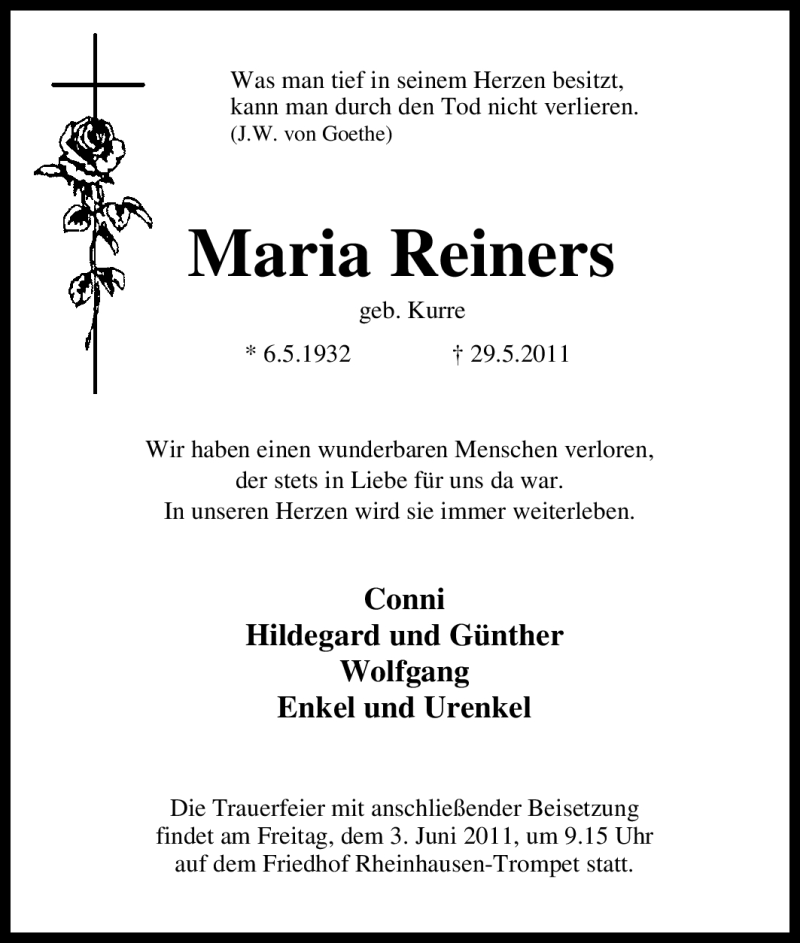 Traueranzeigen Von Maria Reiners Trauer In Nrw De