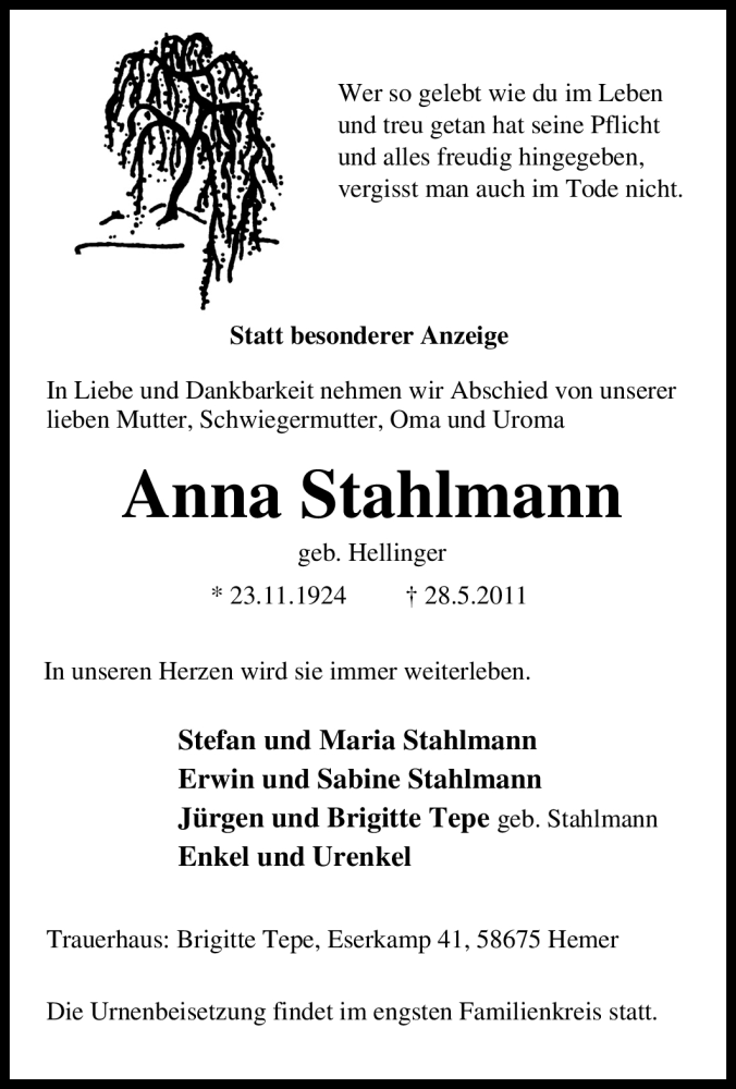 Traueranzeigen Von Anna Stahlmann Trauer In Nrw De