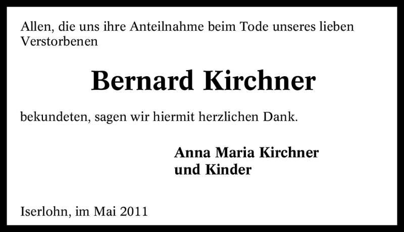 Traueranzeigen Von Bernard Kirchner Trauer In Nrw De