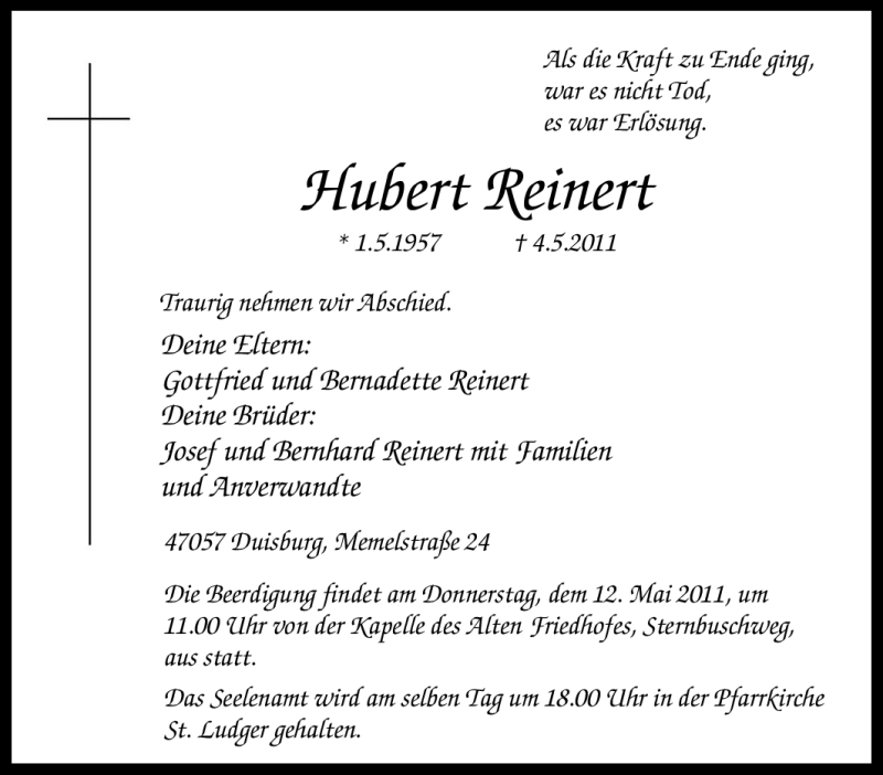 Traueranzeigen Von Hubert Reinert Trauer In Nrw De