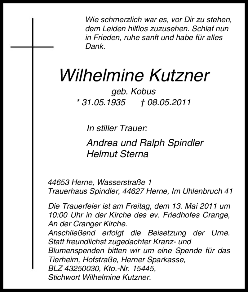 Traueranzeigen Von Wilhelmine Kutzner Trauer In Nrw De