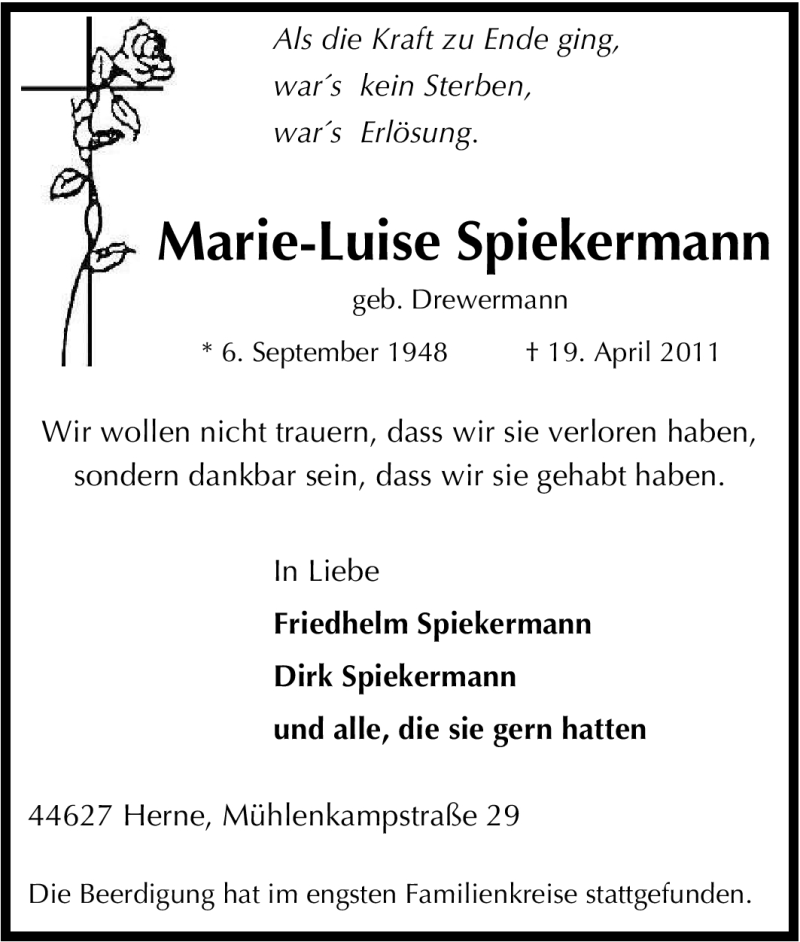 Traueranzeigen Von Marie Luise Spiekermann Trauer In Nrw De