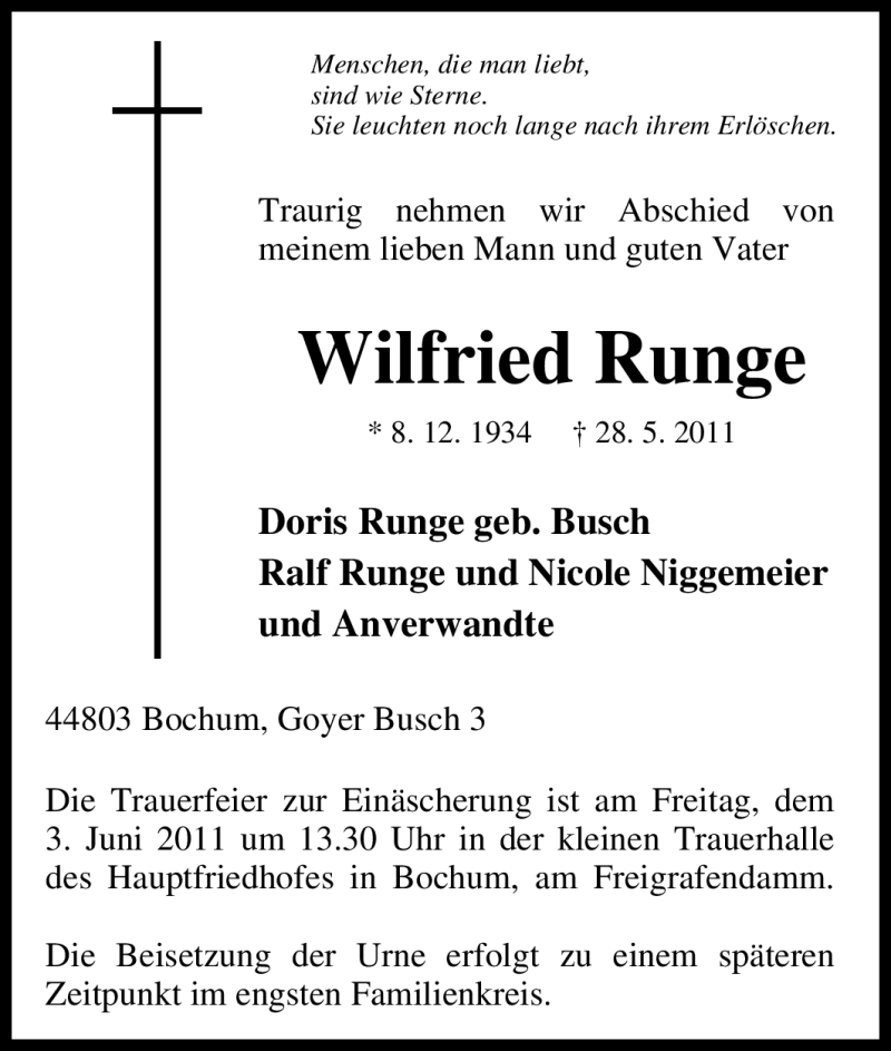 Traueranzeigen Von Wilfried Runge Trauer In NRW De