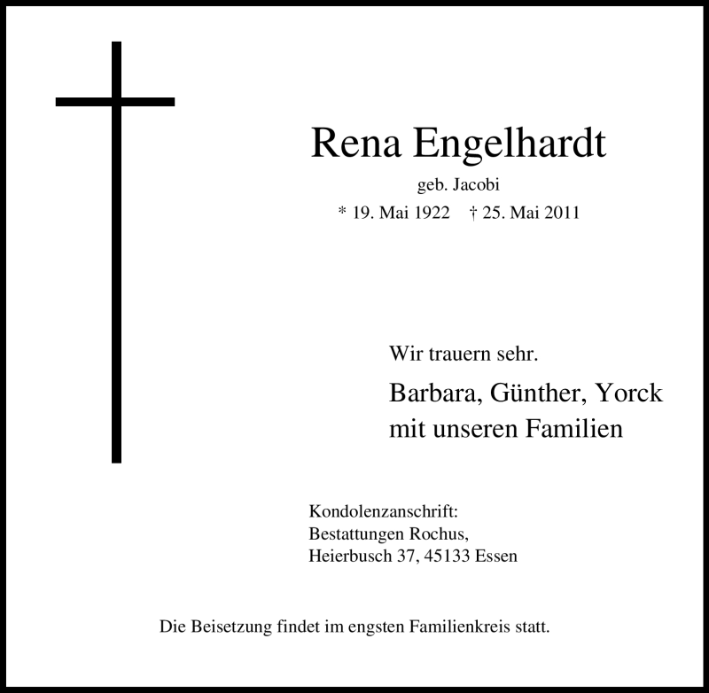 Traueranzeigen Von Rena Engelhardt Trauer In NRW De