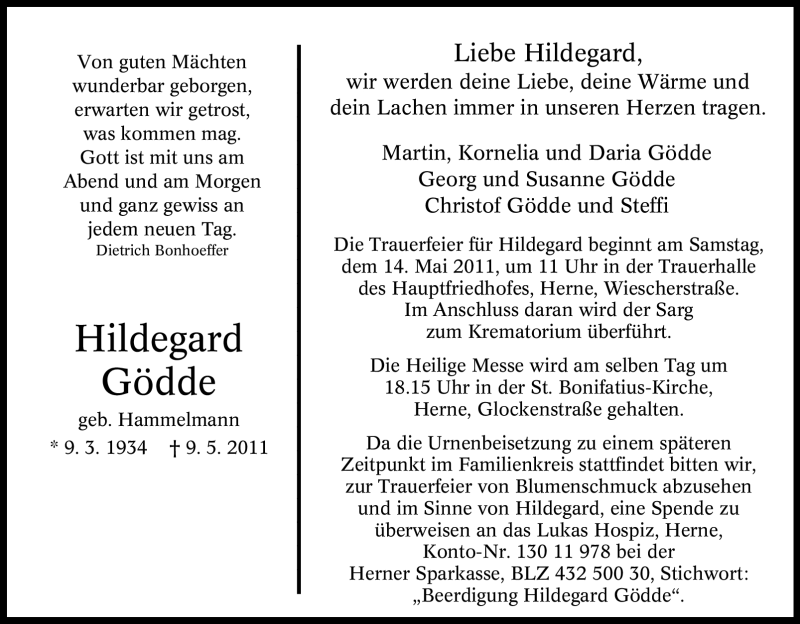 Traueranzeigen Von Hildegard G Dde Trauer In Nrw De