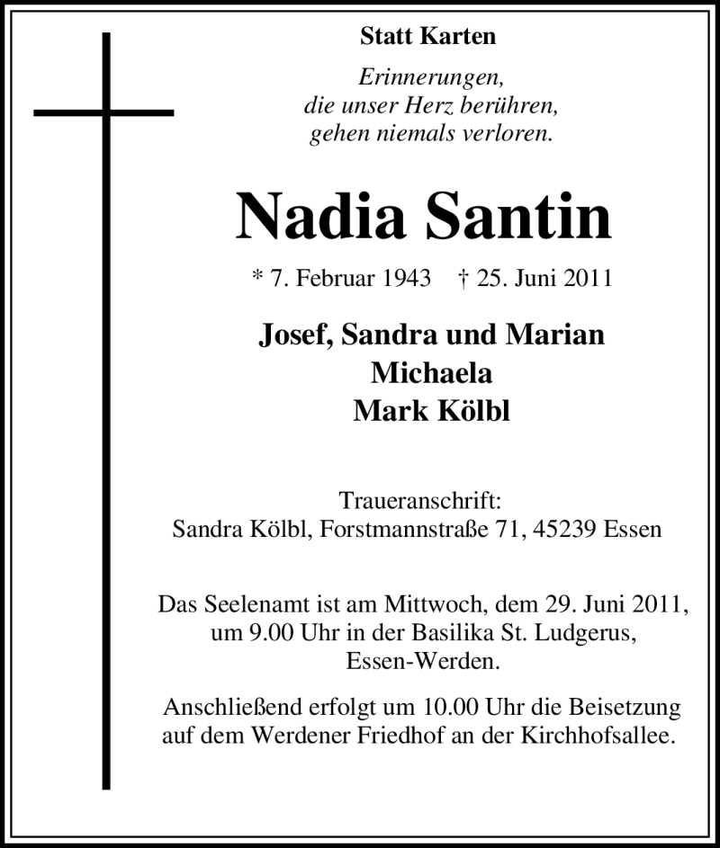 Traueranzeigen Von Nadia Santin Trauer In NRW De