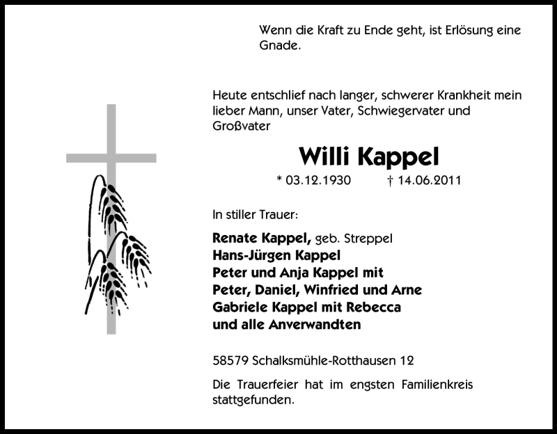 Traueranzeigen Von Willi Kappel Trauer In NRW De