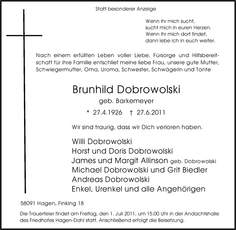 Traueranzeigen Von Brunhild Dobrowolski Trauer In Nrw De