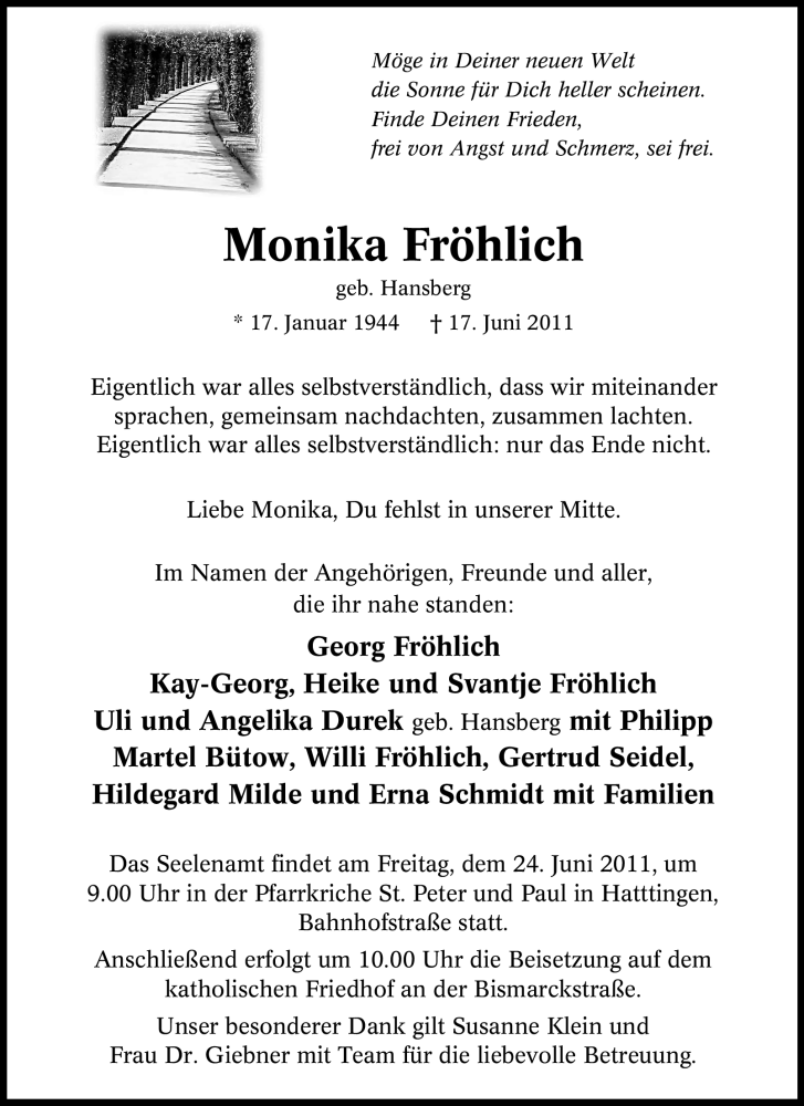 Traueranzeigen Von Monika Fr Hlich Trauer In Nrw De