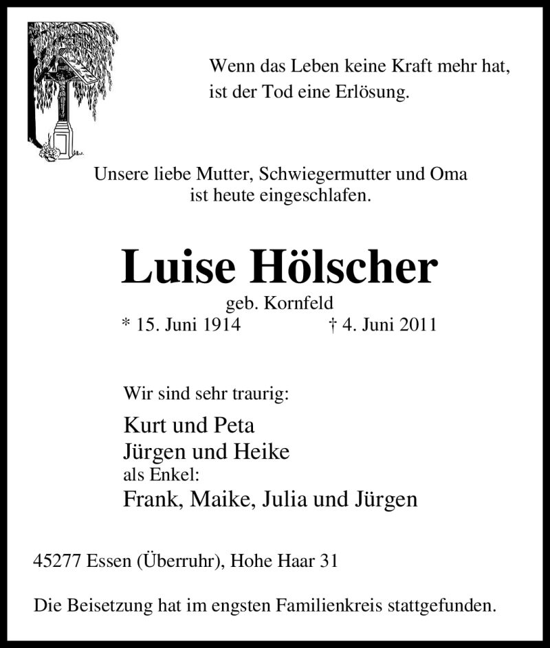 Traueranzeigen Von Luise H Lscher Trauer In Nrw De