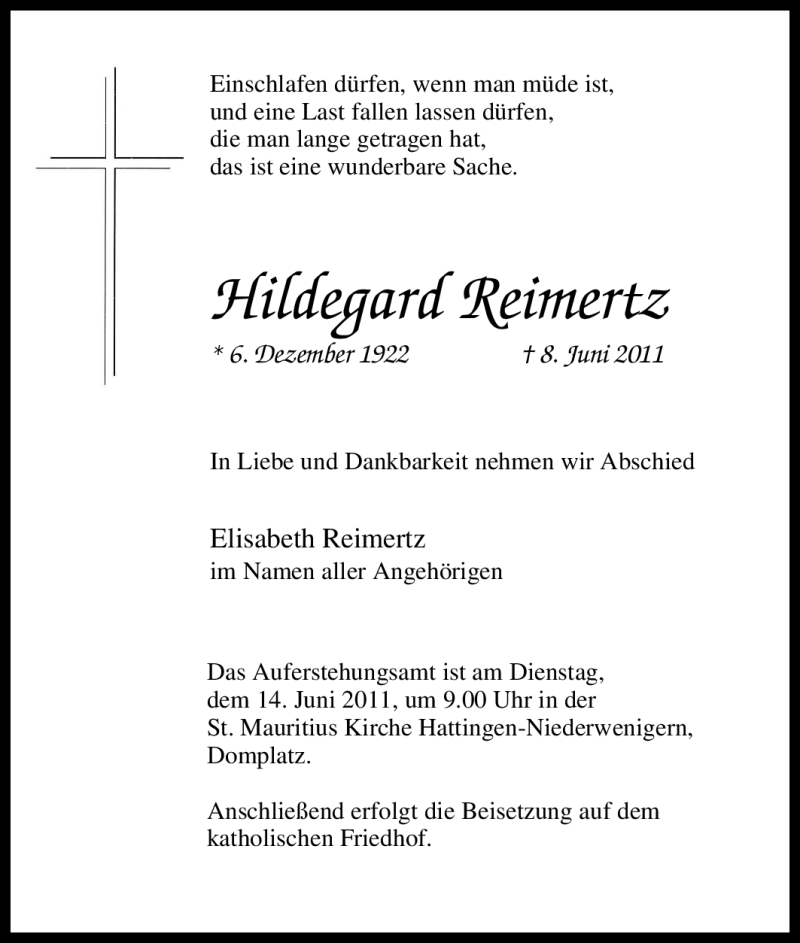 Traueranzeigen Von Hildegard Reimertz Trauer In NRW De