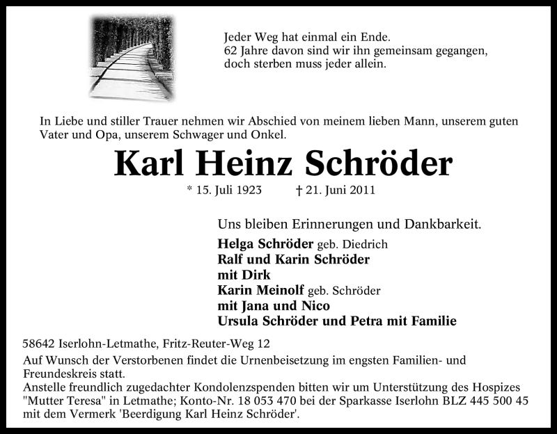 Traueranzeigen von Karl Heinz Schröder Trauer in NRW de