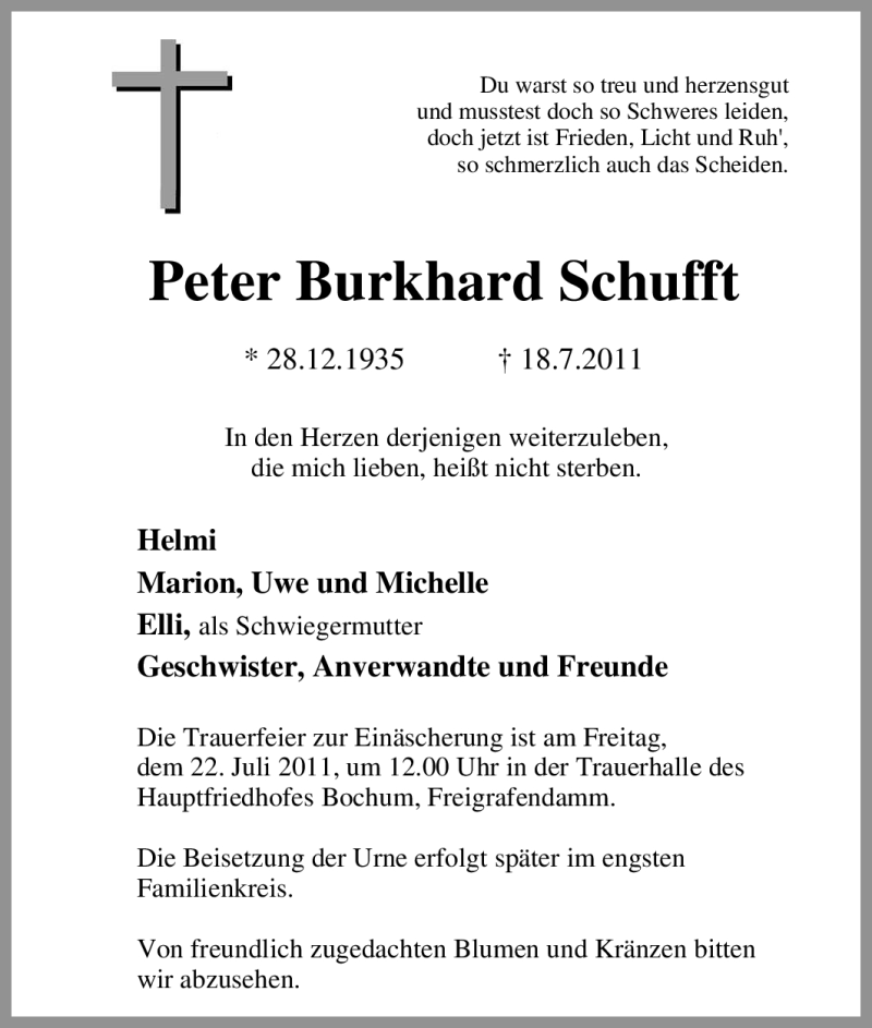 Traueranzeigen Von Peter Burkhard Schufft Trauer In Nrw De