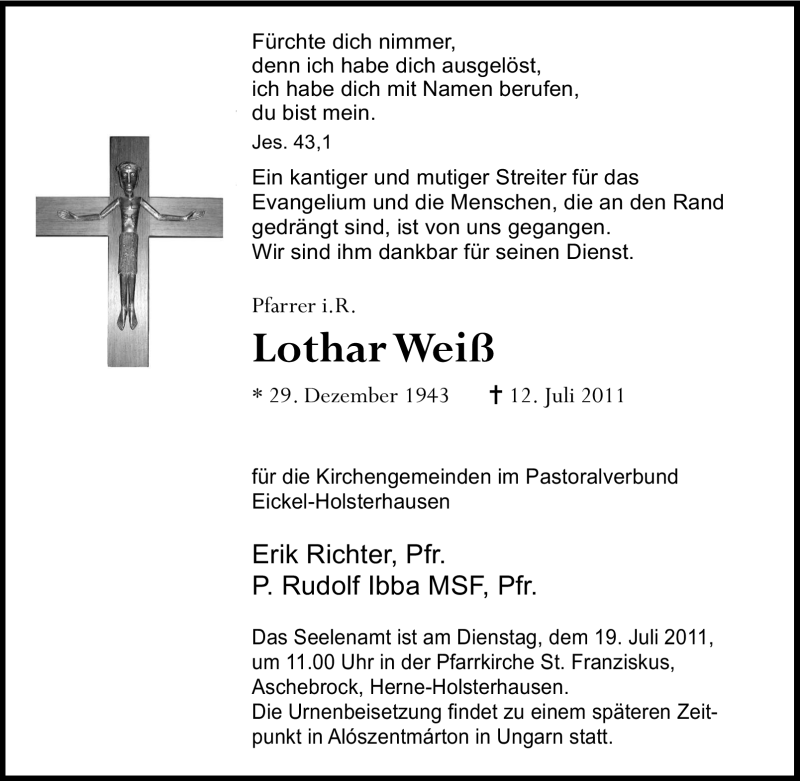 Traueranzeigen Von Lothar Wei Trauer In Nrw De