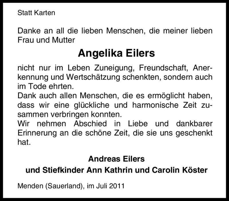 Traueranzeigen Von Angelika Eilers Trauer In Nrw De