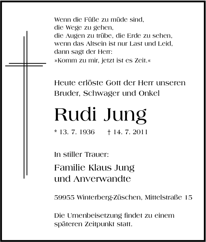 Traueranzeigen Von Rudi Jung Trauer In Nrw De