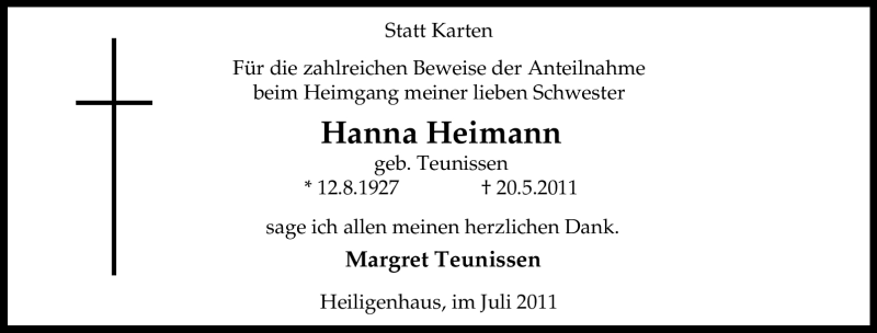 Traueranzeigen Von Hanna Heimann Trauer In NRW De