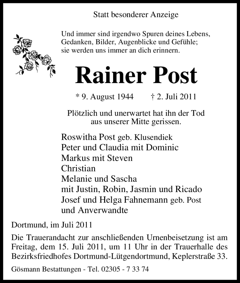 Traueranzeigen Von Rainer Post Trauer In NRW De