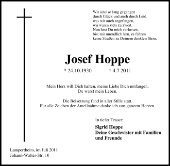 Traueranzeigen Von Josef Hoppe Trauer In Nrw De