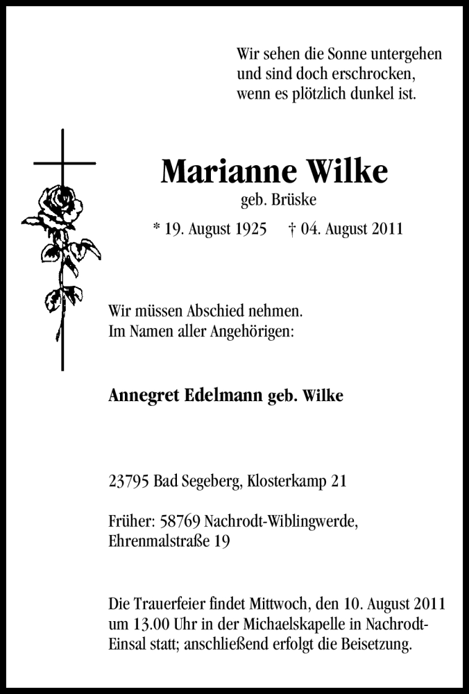 Traueranzeigen Von Marianne Wilke Trauer In Nrw De