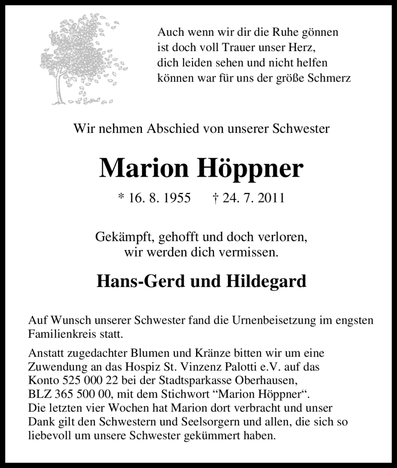 Traueranzeigen von Marion Höppner Trauer in NRW de